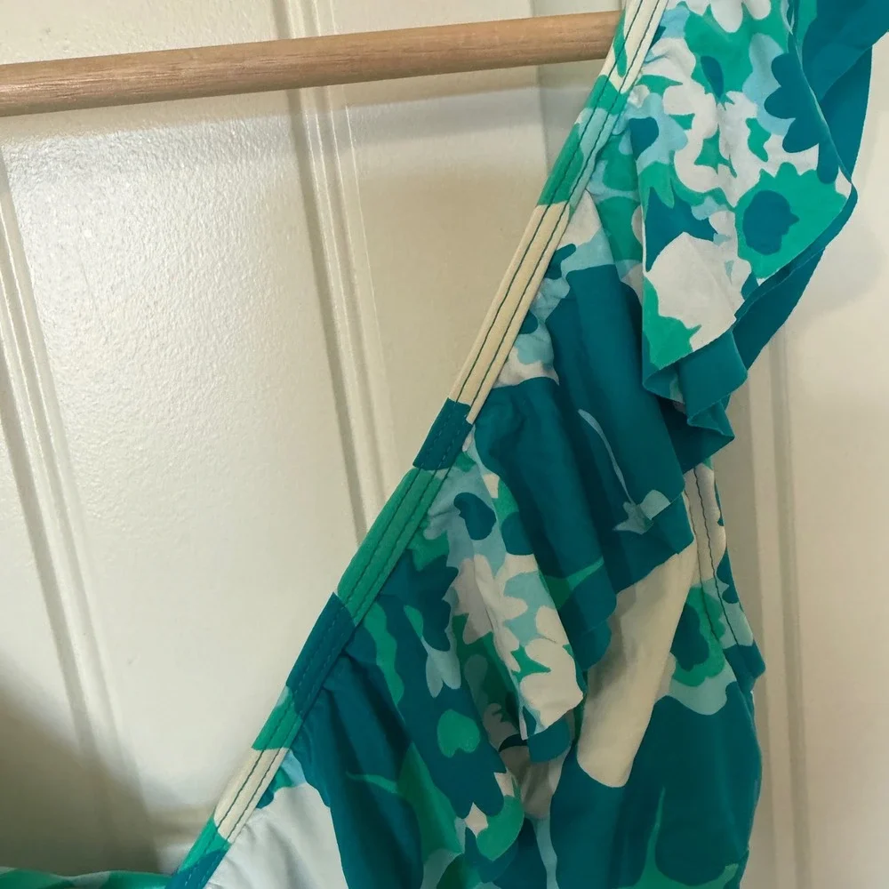 Michael Kors One Piece Swimsuit Womens 6 Teal Floral Ruffle V-Neck Excellent